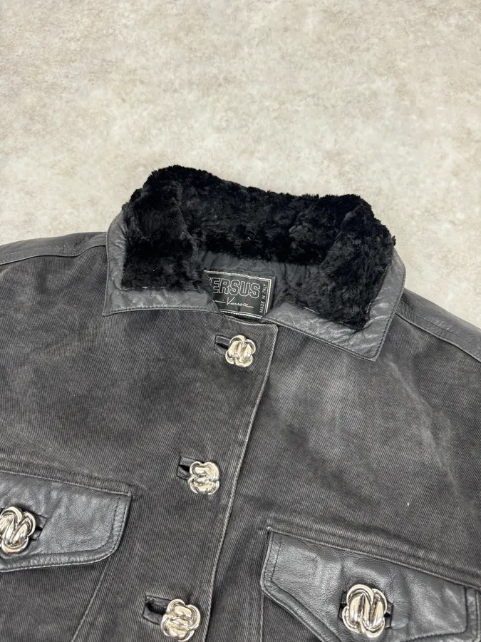2000s Versace Buttoned Hybrid Denim & Leather Jacket - Image 5