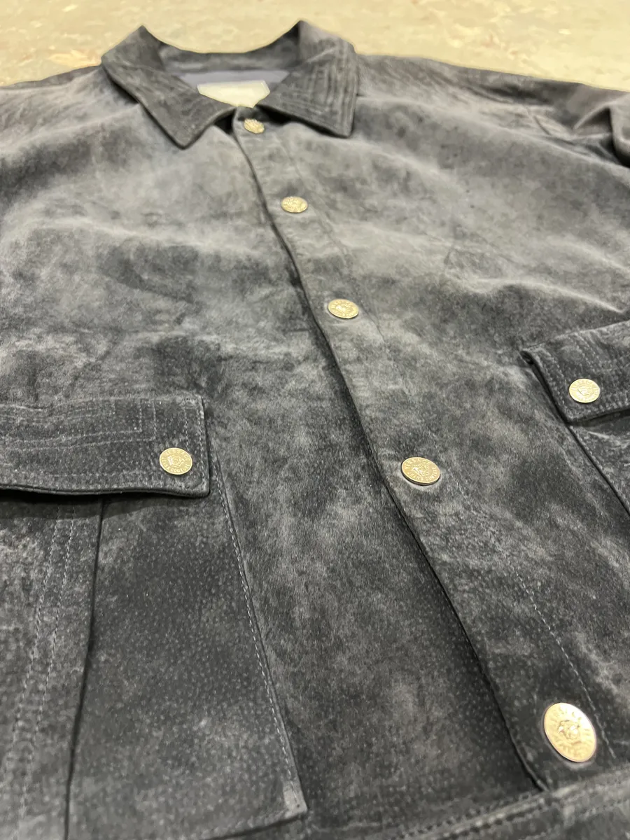2000s Versace Buttoned Navy Suede Leather Jacket - Image 6
