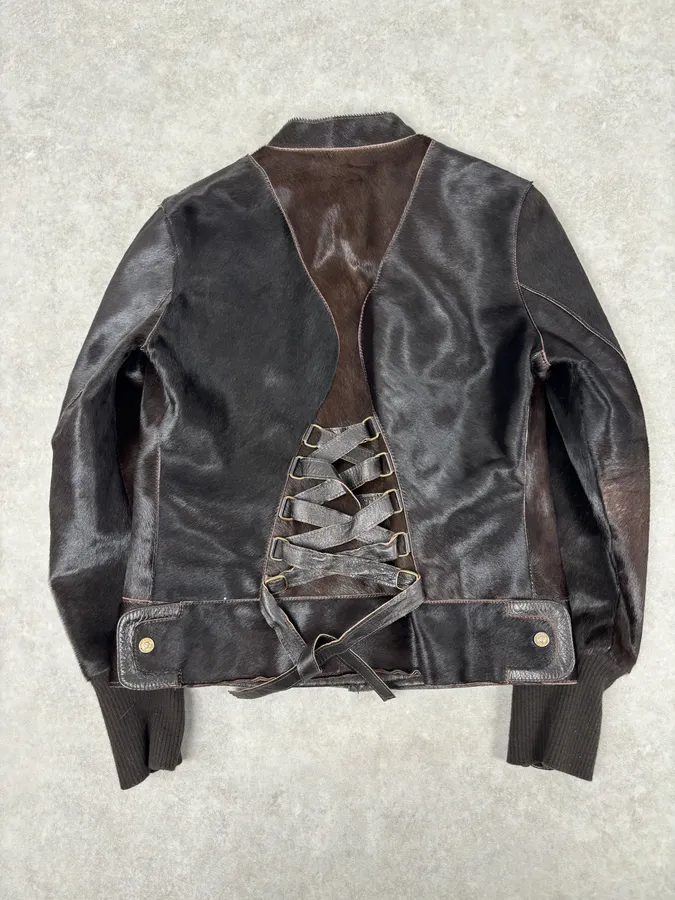 2000s Versace Dark Brown Pony Hair Lace-Back Bomber Jacket - Image 5