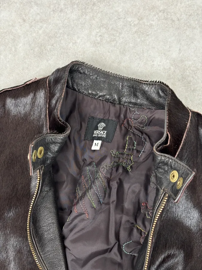 2000s Versace Dark Brown Pony Hair Lace-Back Bomber Jacket - Image 8