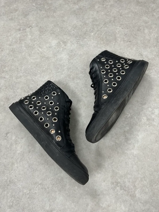 2000s Versace Eyelet Black Leather High Top Shoes - Image 6