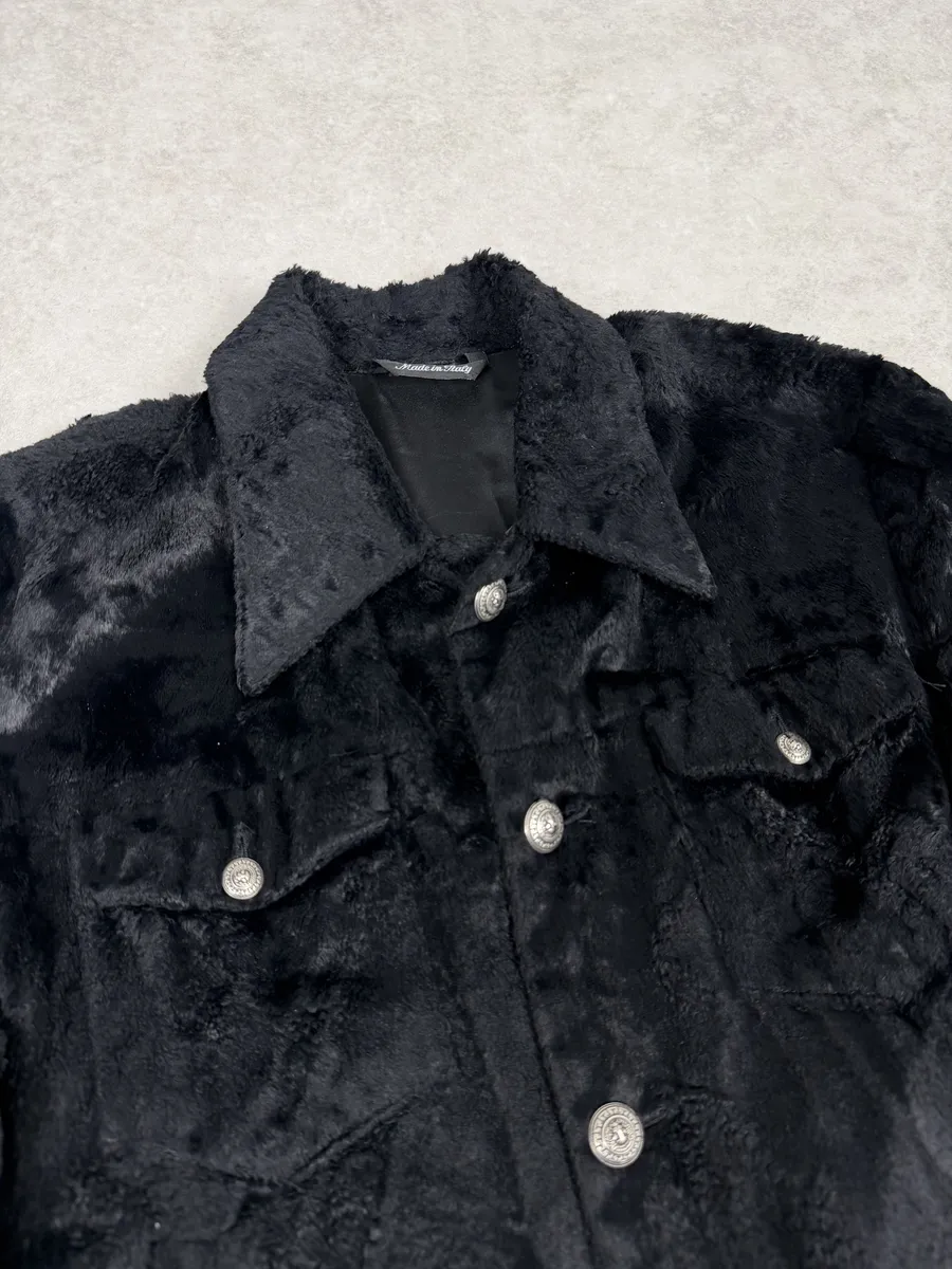 2000s Versace Faux Fur Black Buttoned Jacket - Image 11
