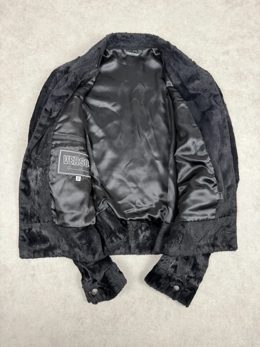 2000s Versace Faux Fur Black Buttoned Jacket - Image 5