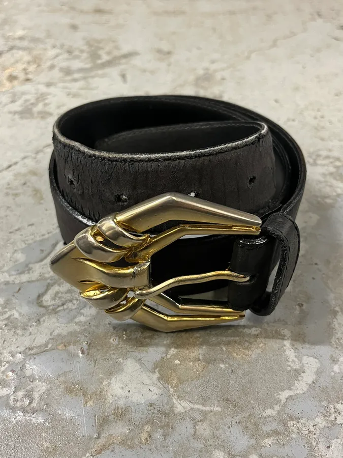 2000s Versace Golden Futuristic V Black Leather Belt - Image 2