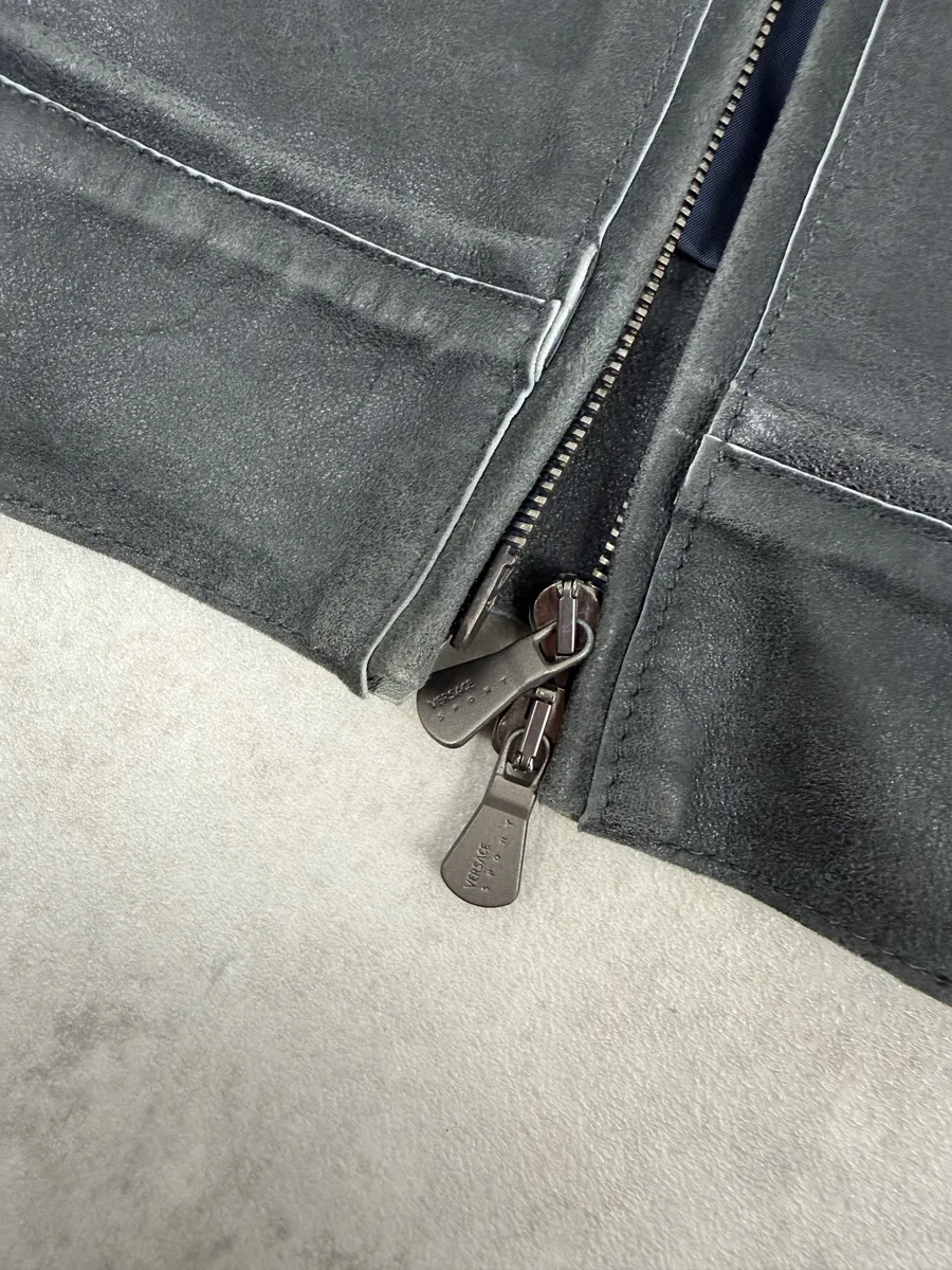 2000s Versace Grey Eroded Biker Leather Jacket - Image 12