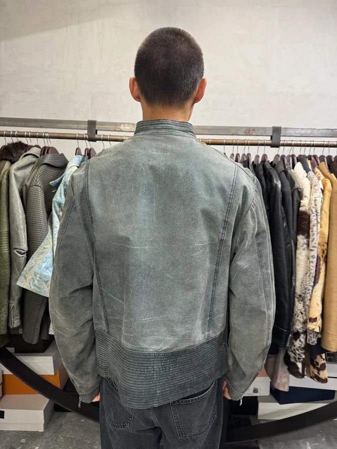 2000s Versace Grey Eroded Leather Biker Jacket - Image 3