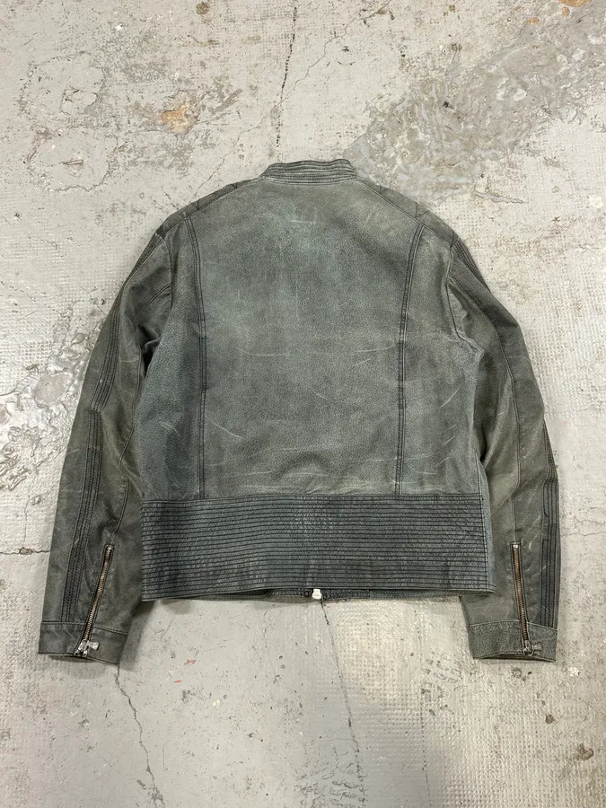 2000s Versace Grey Eroded Leather Biker Jacket - Image 6