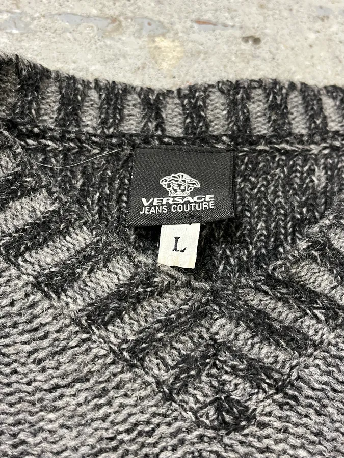 2000s Versace Grey Wool V-Neck Sweater - Image 6