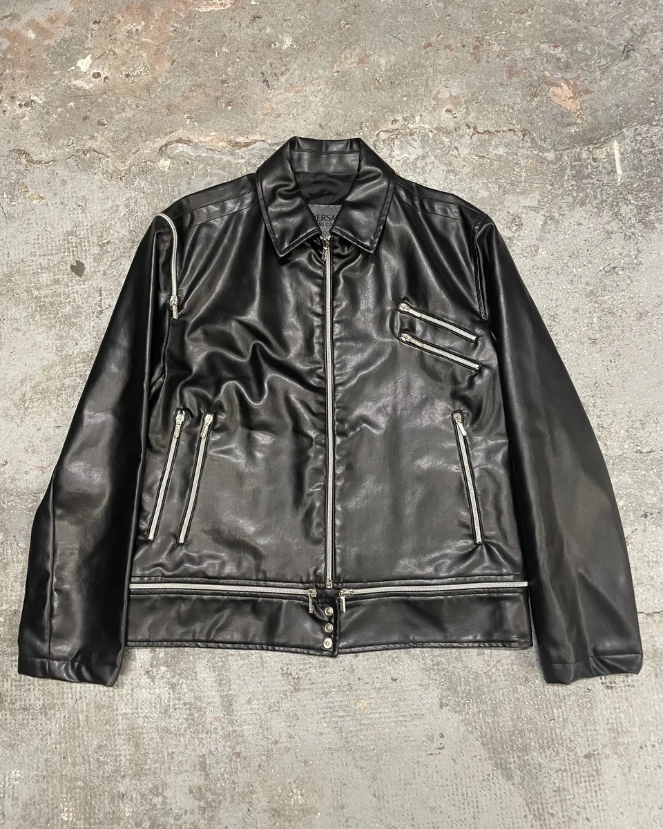 2000s Versace Multi Zips Black Eco Leather Jacket