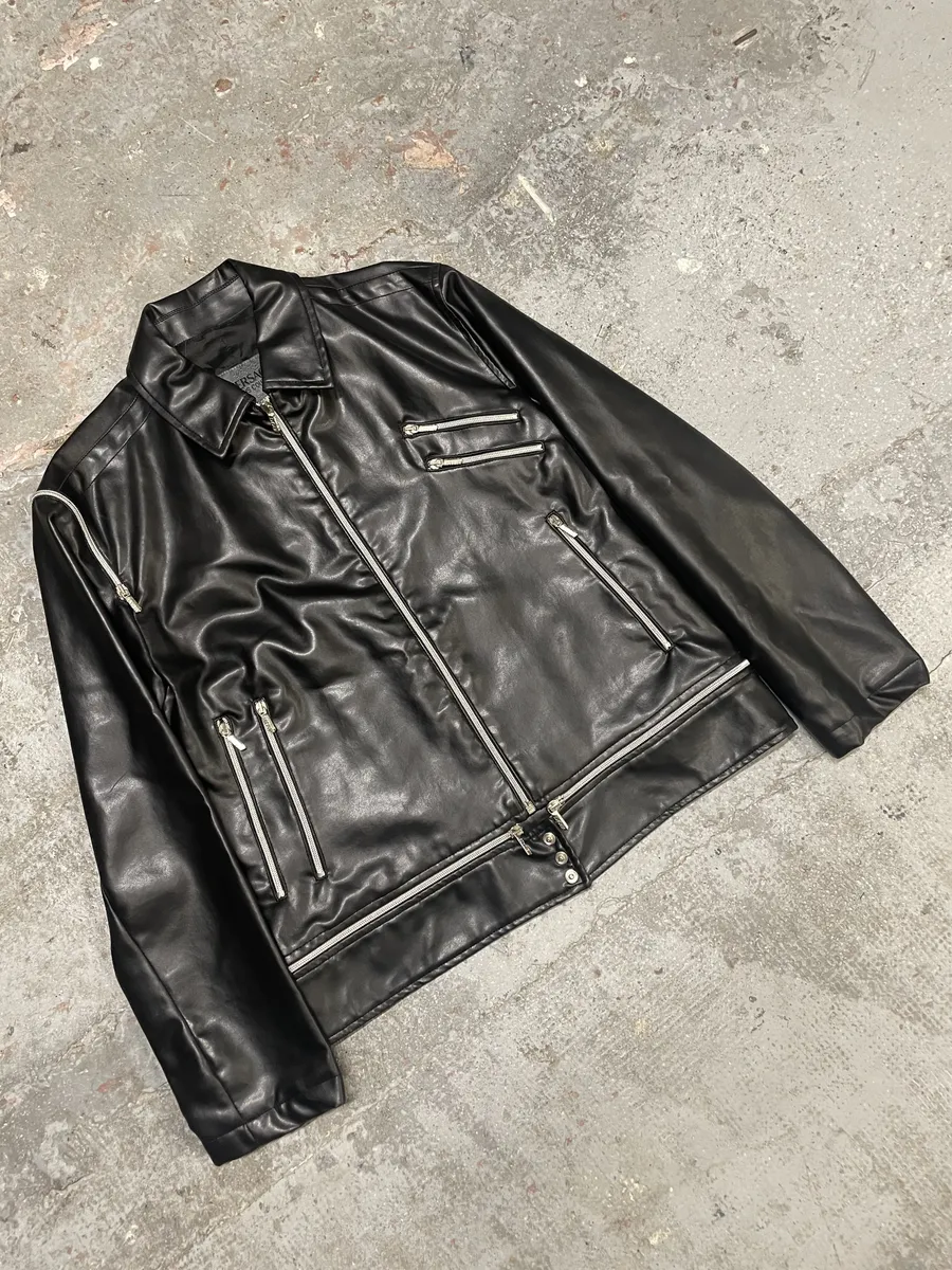 2000s Versace Multi Zips Black Eco Leather Jacket - Image 3