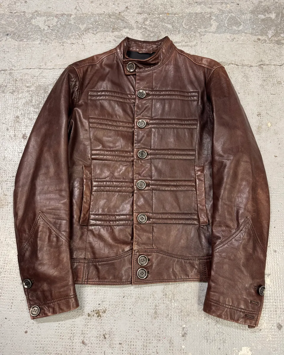 2000s Versace Napoleon Brown Leather Jacket