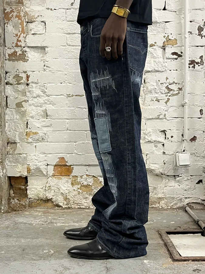 2000s Versace Navy Brut Distressed Patchwork Denim Jeans - Image 2