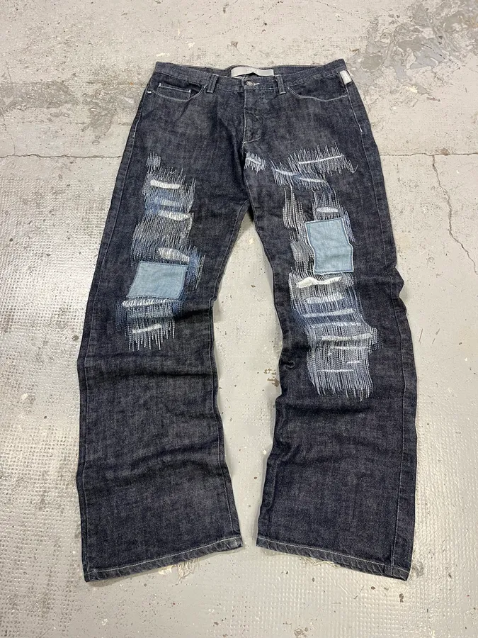 2000s Versace Navy Brut Distressed Patchwork Denim Jeans - Image 4