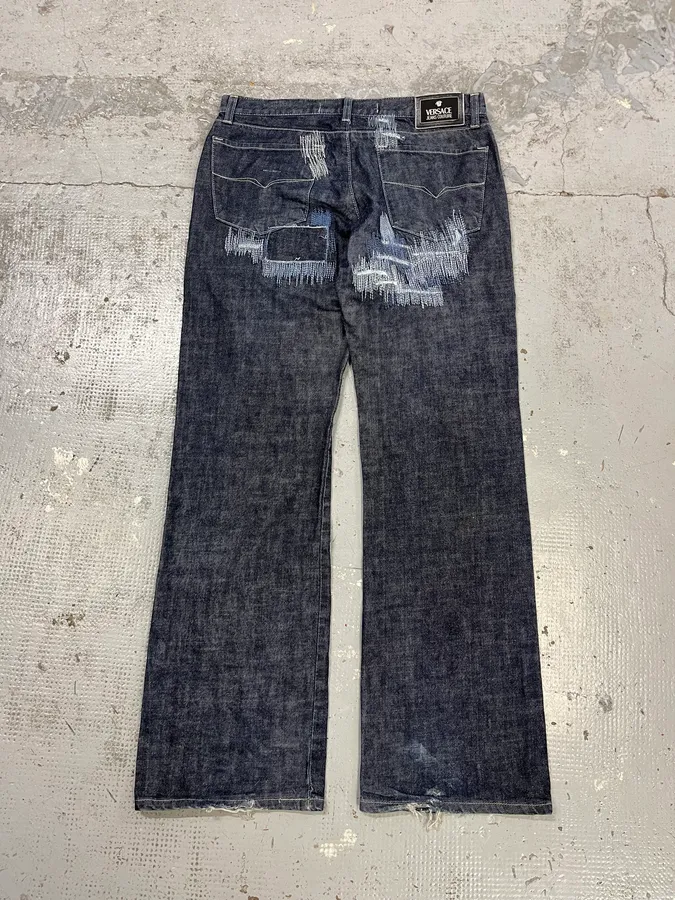 2000s Versace Navy Brut Distressed Patchwork Denim Jeans - Image 8