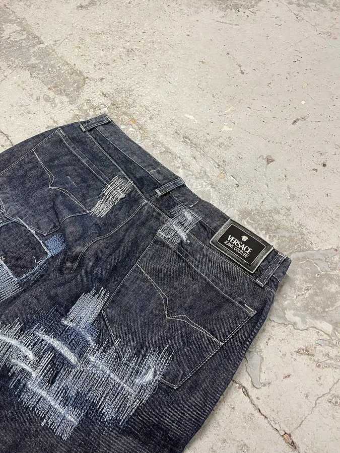 2000s Versace Navy Brut Distressed Patchwork Denim Jeans - Image 9