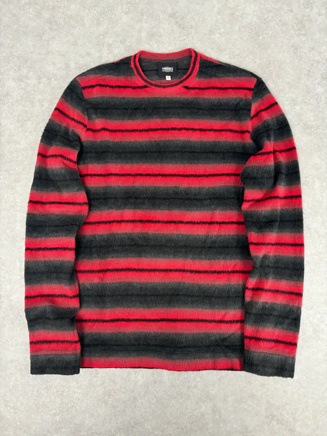 2000s Versace Red & Black Wool Striped Light Sweater