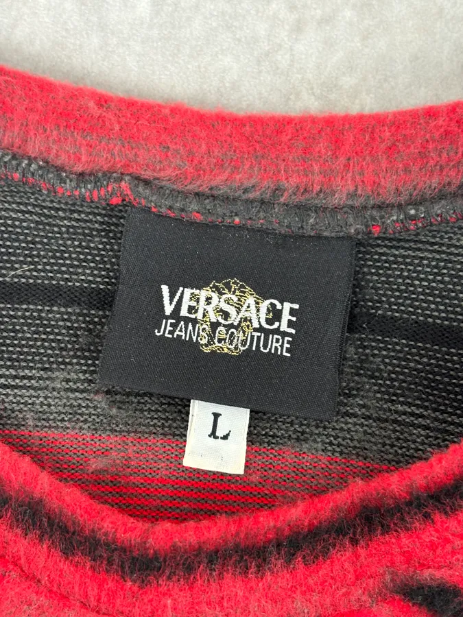 2000s Versace Red & Black Wool Striped Light Sweater - Image 8