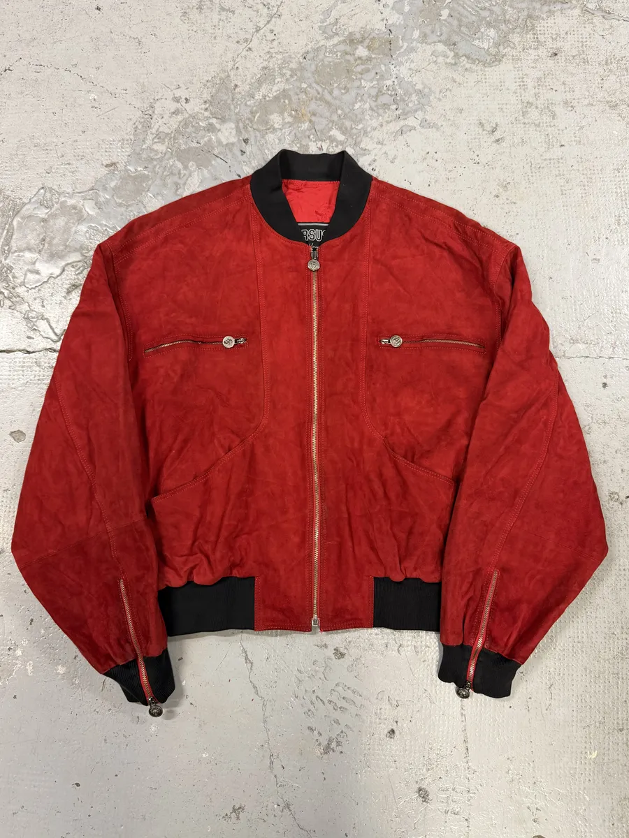 2000s Versace Red Leather Bomber Jacket