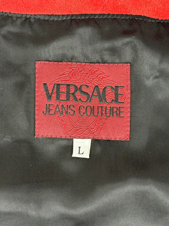 2000s Versace Red Suede Leather Trucker Jacket - Image 11
