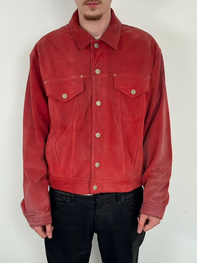 2000s Versace Red Suede Leather Trucker Jacket - Image 2