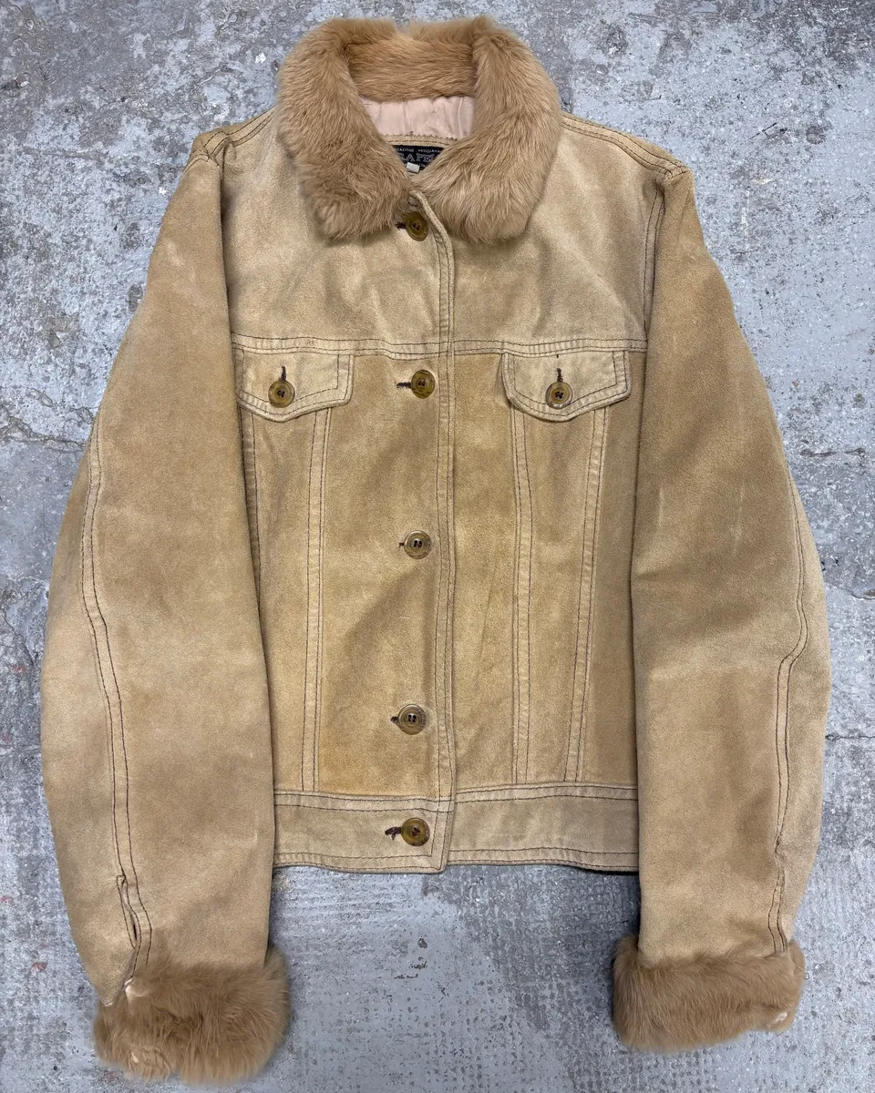2000s Vintage Beige Leather Faux Fur Jacket