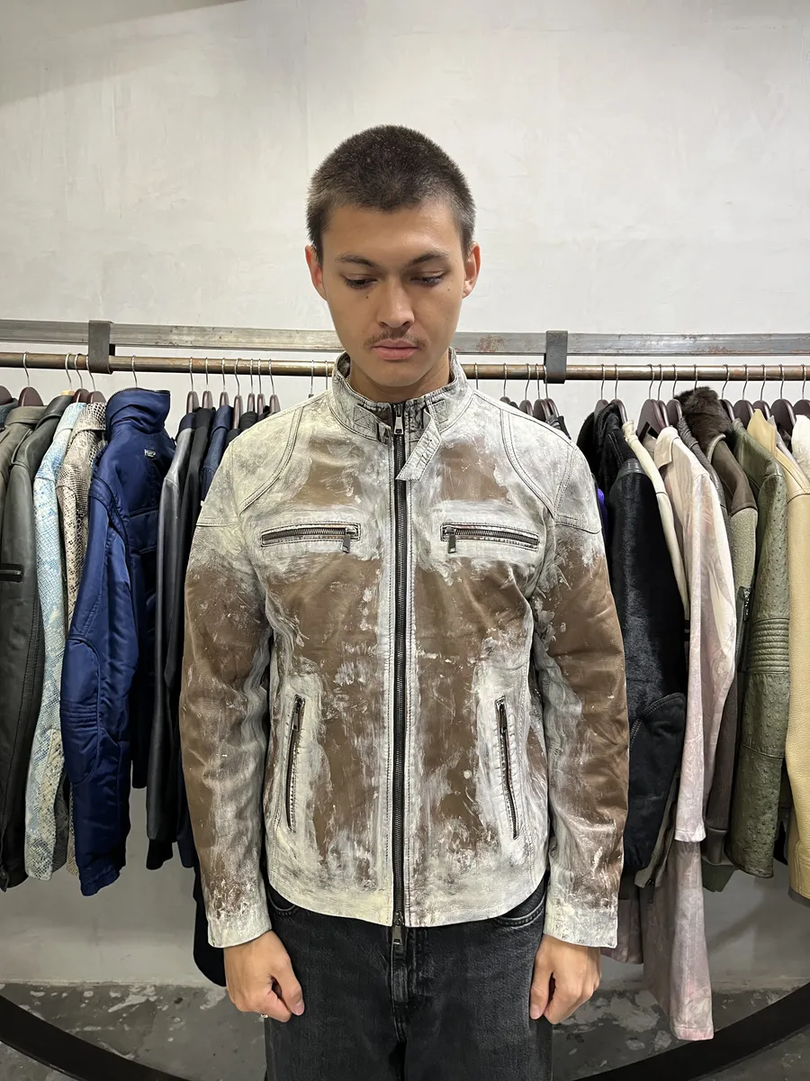 2000s Volfagli Brown & White Bleached Effect Biker Leather Jacket