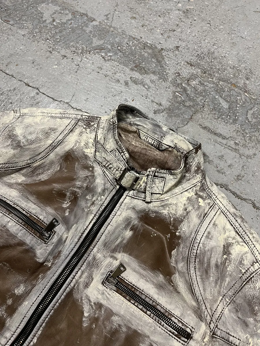 2000s Volfagli Brown & White Bleached Effect Biker Leather Jacket - Image 11