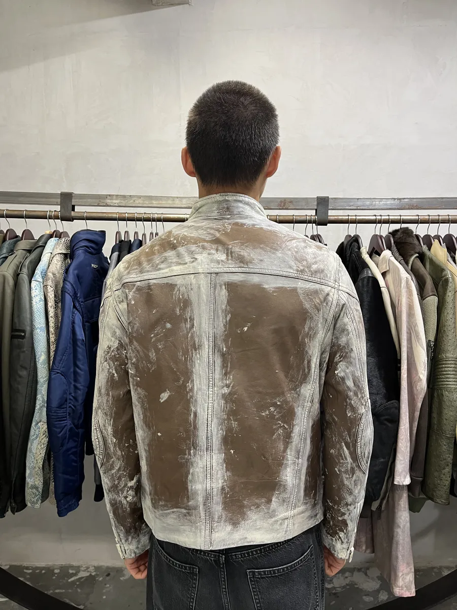 2000s Volfagli Brown & White Bleached Effect Biker Leather Jacket - Image 2
