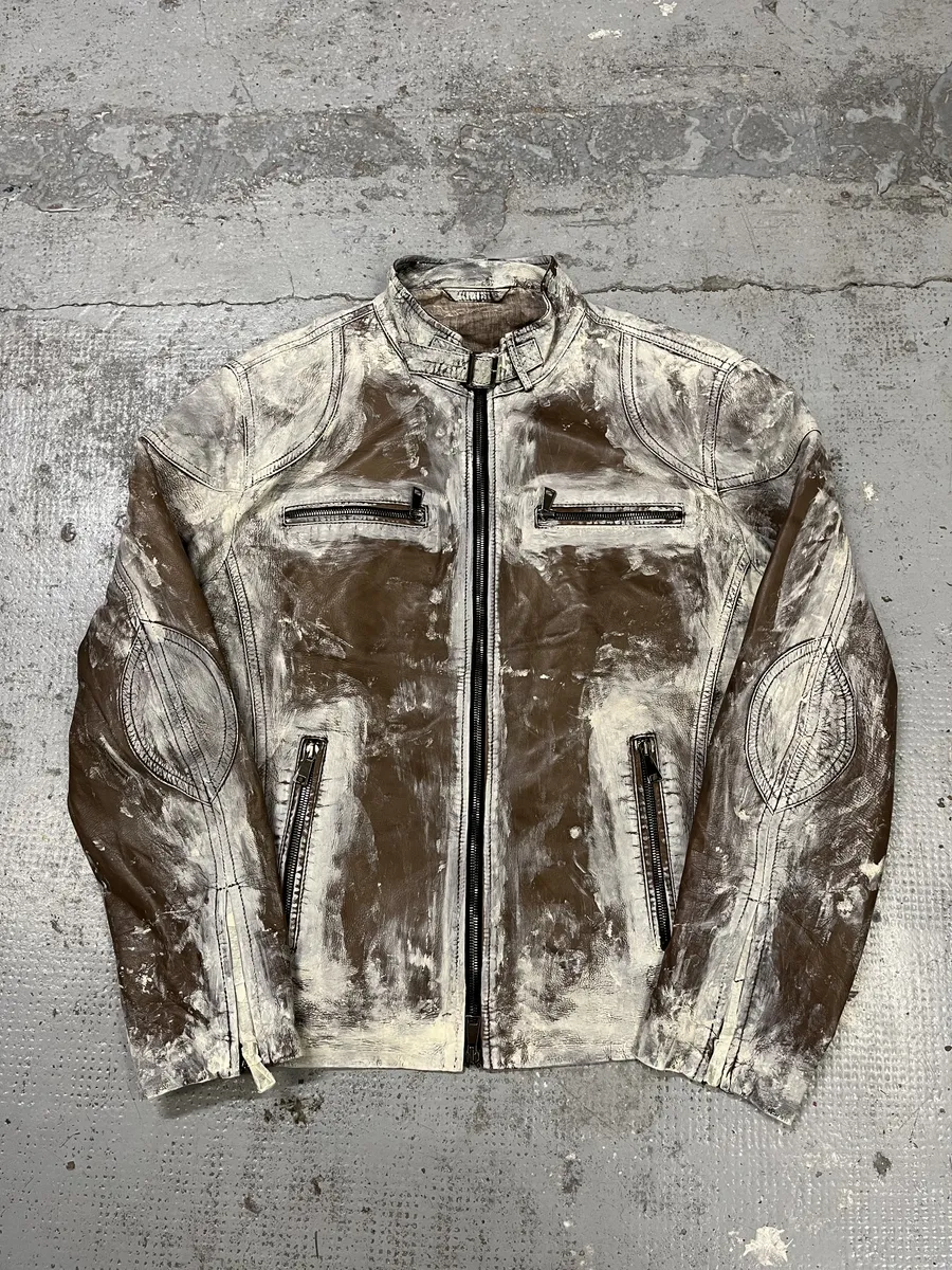 2000s Volfagli Brown & White Bleached Effect Biker Leather Jacket - Image 3
