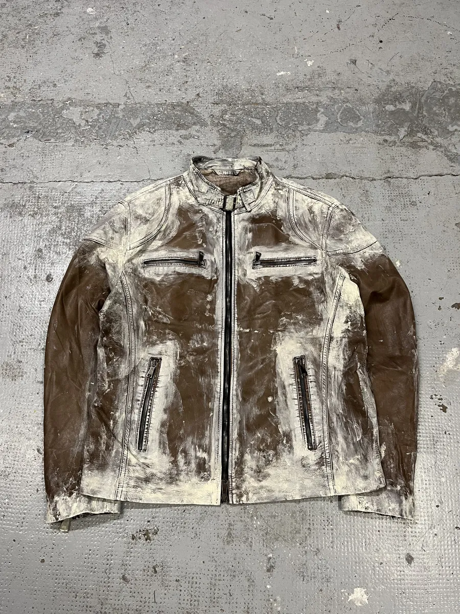 2000s Volfagli Brown & White Bleached Effect Biker Leather Jacket - Image 5