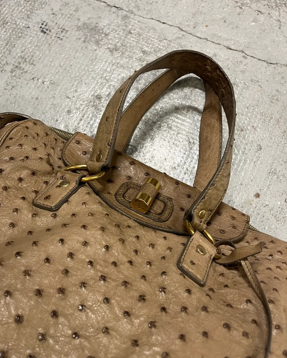 2000s Yves Saint Laurent Beige Ostrich Leather Handle Bag - Image 5