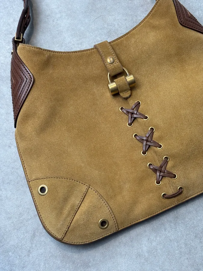 2000s Yves Saint Laurent Beige Suede Leather Interlaced Handle Bag - Image 4