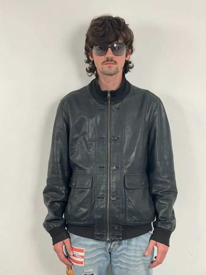2000s Yves Saint Laurent Black Leather Logo Bomber Jacket - Image 2