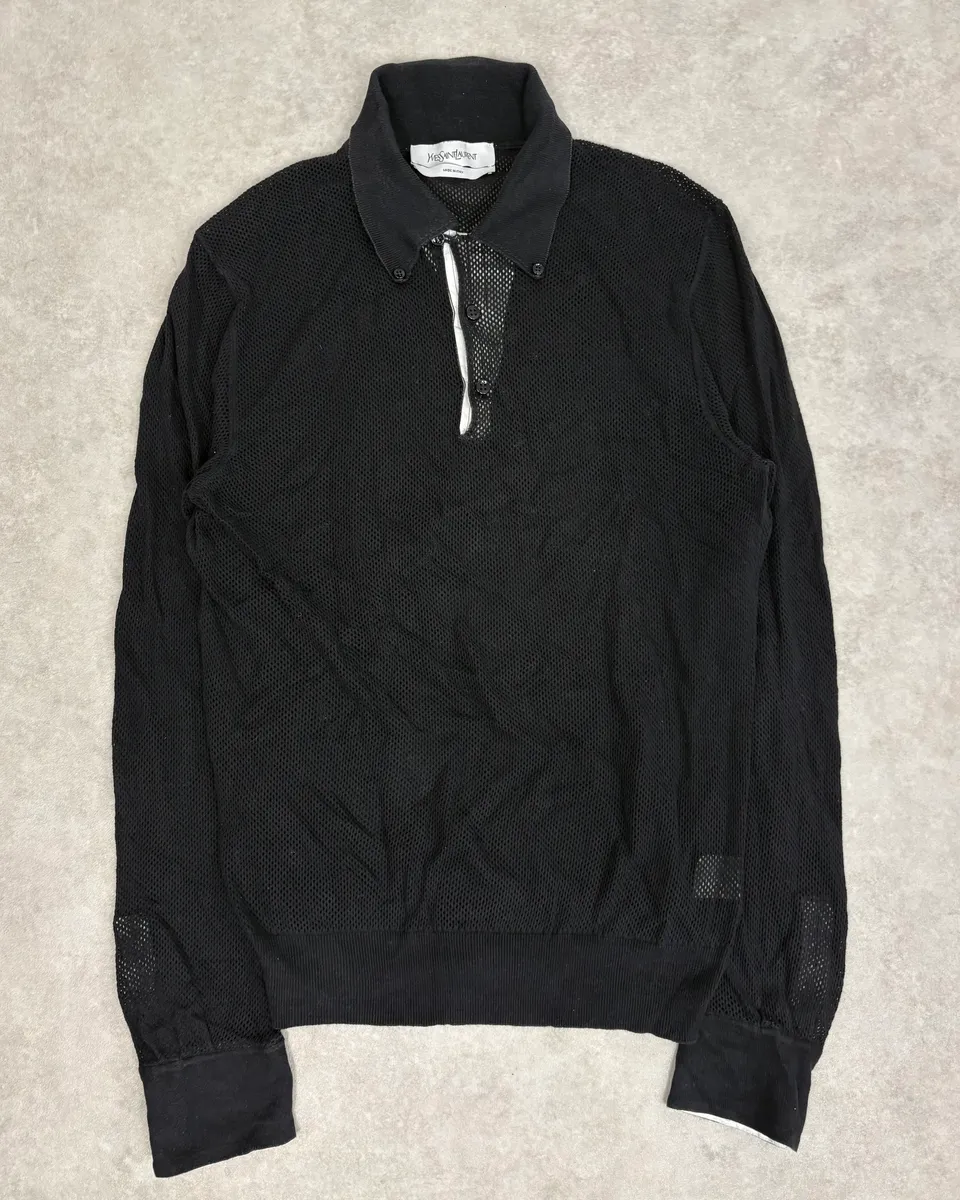 2000s Yves Saint Laurent Black Mesh Longsleeve Polo - Image 3