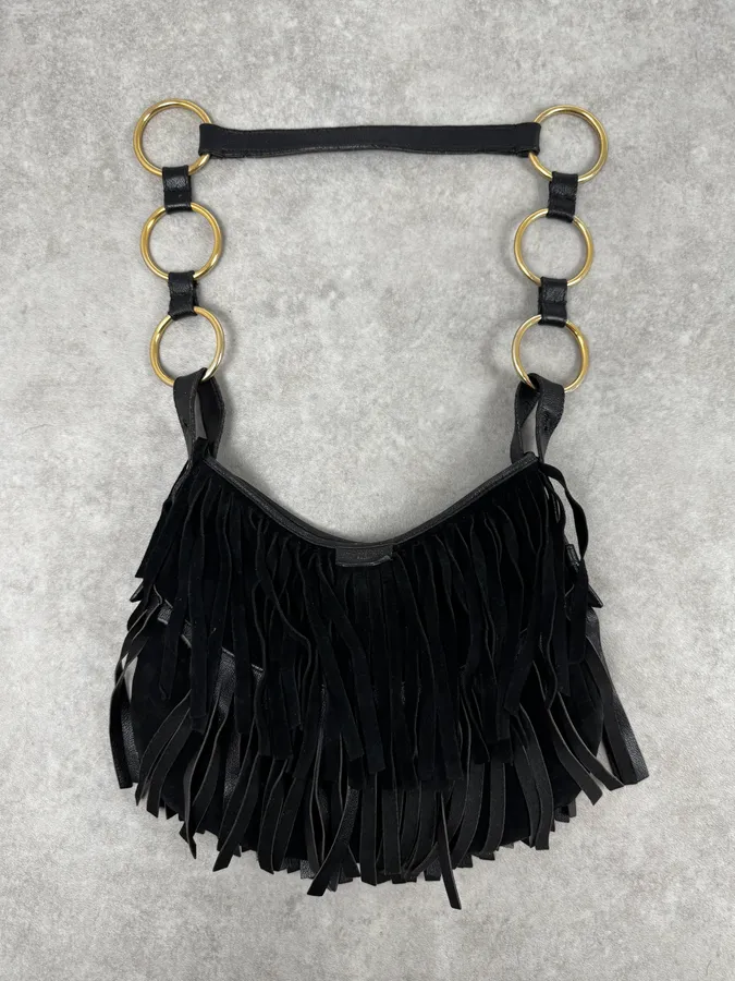 2000s Yves Saint Laurent Black Suede Fringe Shoulder Bag - Image 5