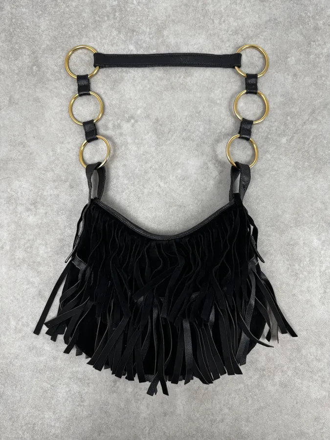 2000s Yves Saint Laurent Black Suede Fringe Shoulder Bag - Image 6