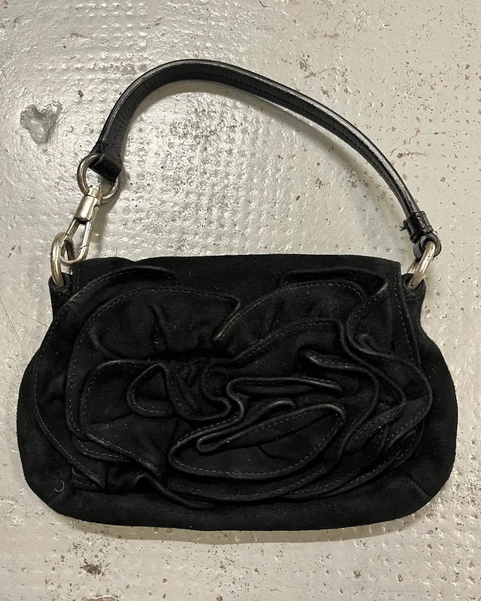 2000s Yves Saint Laurent Black Suede Mini Flower Handle Bag