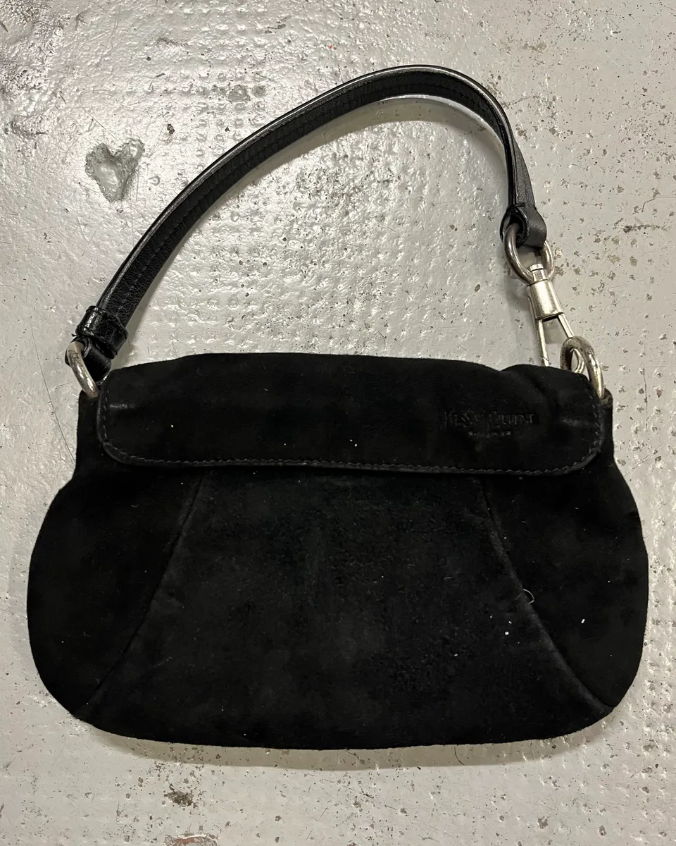 2000s Yves Saint Laurent Black Suede Mini Flower Handle Bag - Image 6