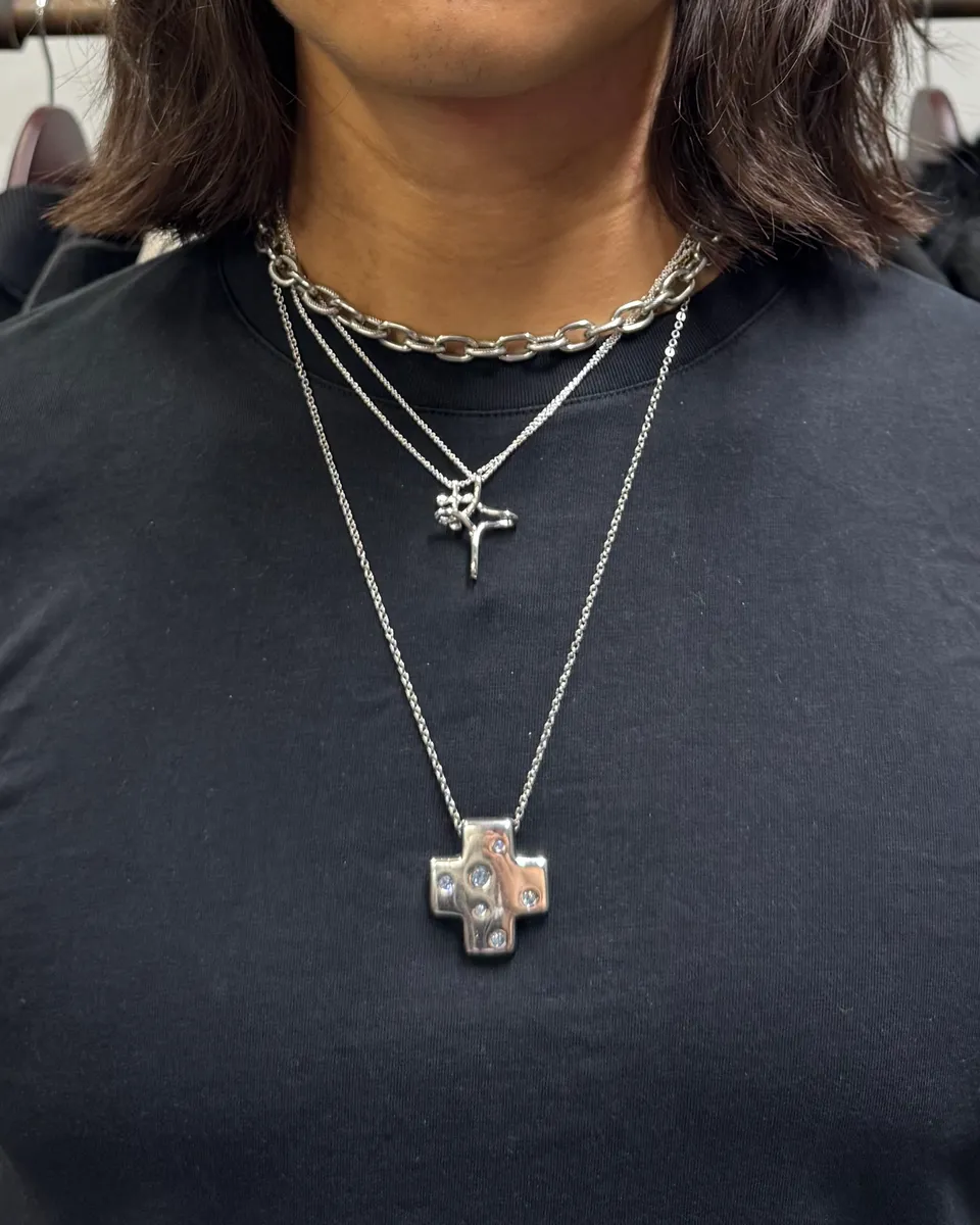 2000s Yves Saint Laurent Blue Crystal Silver Cross Necklace - Image 2