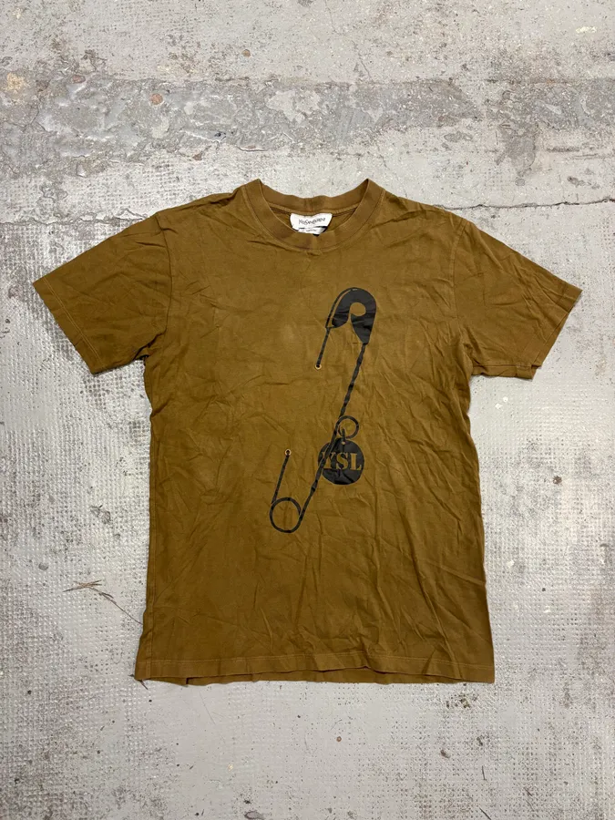 2000s Yves Saint Laurent Brown Safety Pin T-Shirt