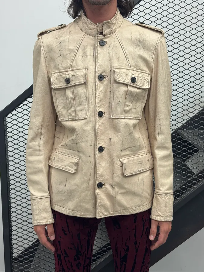 2000s Yves Saint Laurent Cream Military Leather Cargo Jacket - Image 2