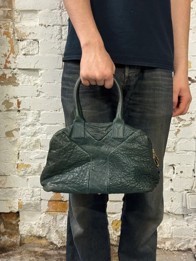 2000s Yves Saint Laurent Dark Green Grain Leather Handle Bag - Image 2