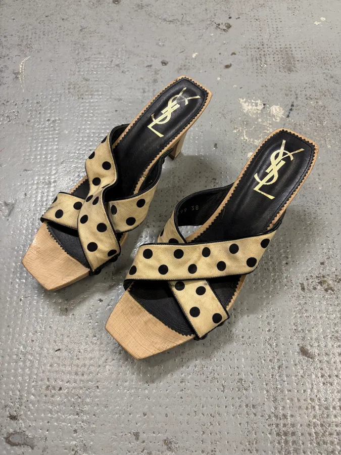 2000s Yves Saint Laurent Dot Cream Sandals Heels - Image 3