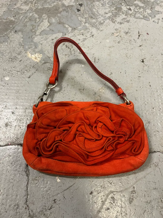 2000s Yves Saint Laurent Flowers Orange Suede Leather Handle Bag - Image 3