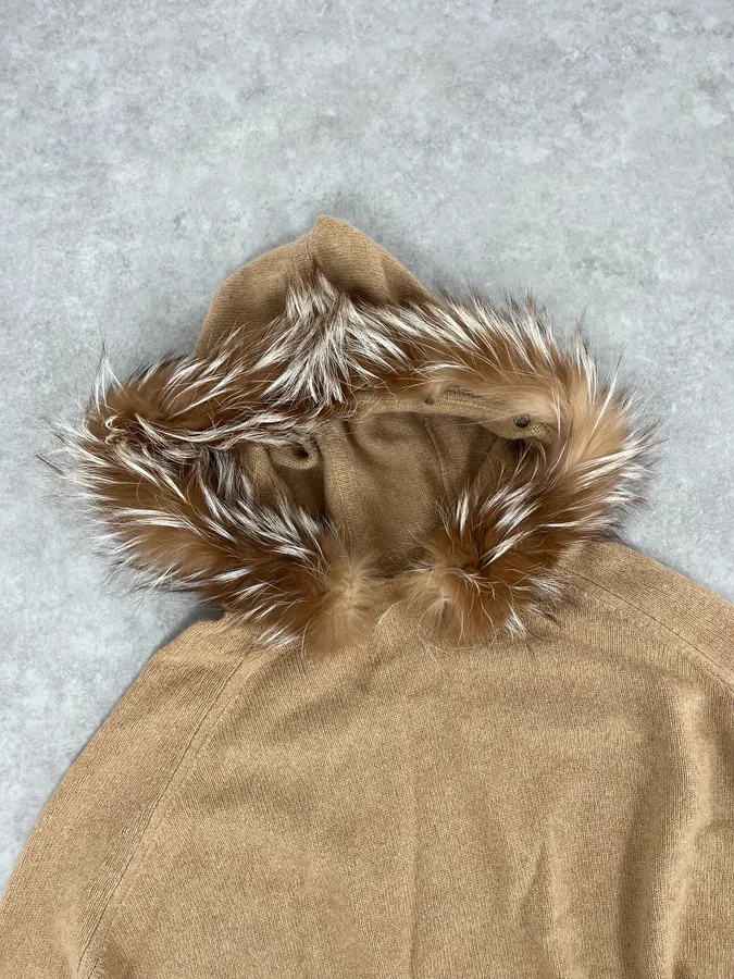 2000s Yves Saint Laurent Fox Fur Hooded Beige Sweater - Image 4