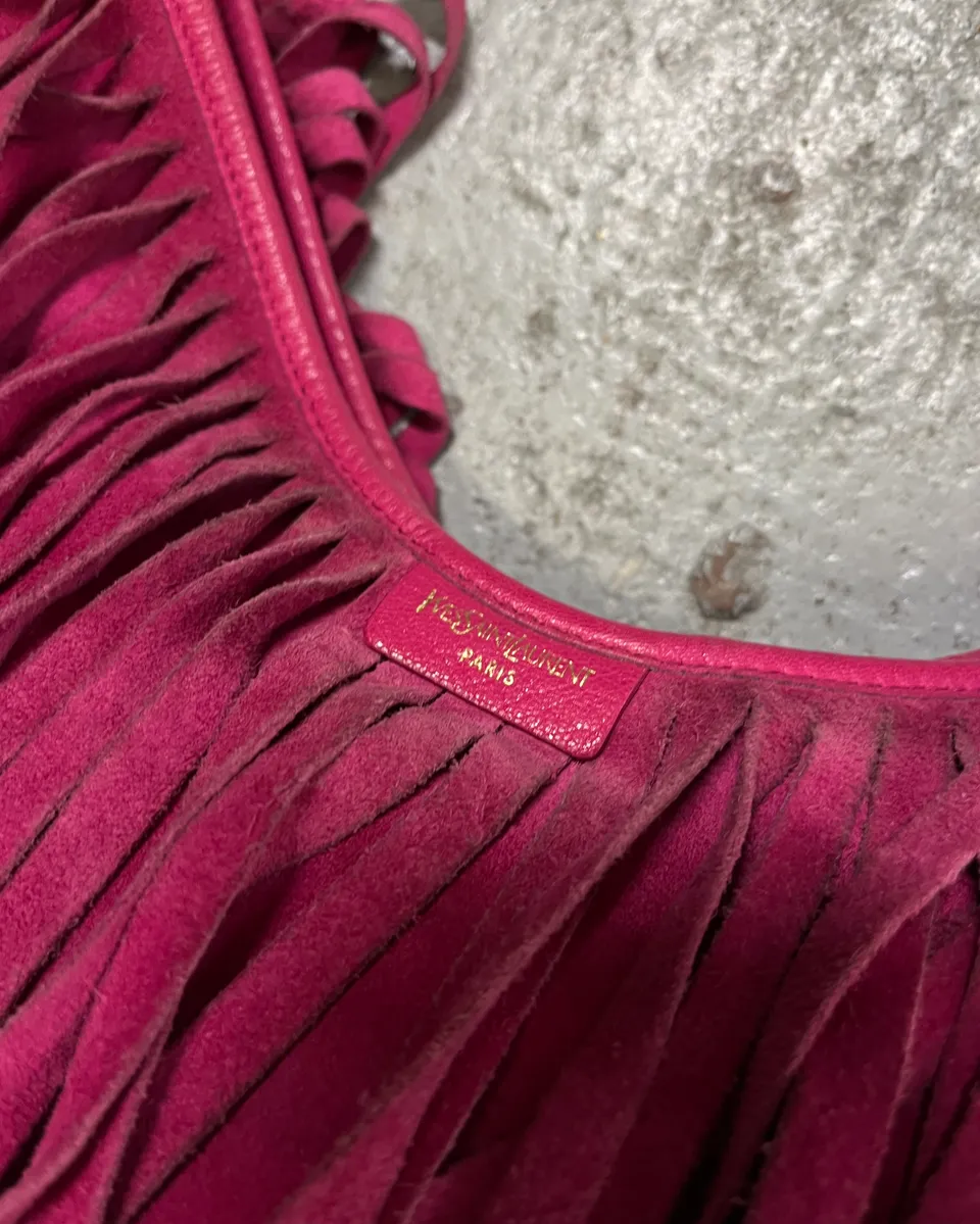 2000s Yves Saint Laurent Fuchsia Pink Suede Fringe Hobo Bag - Image 9