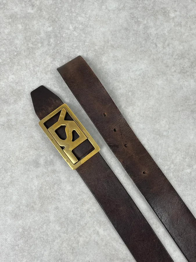 2000s Yves Saint Laurent Golden YSL Buckle Black Leather Belt - Image 4
