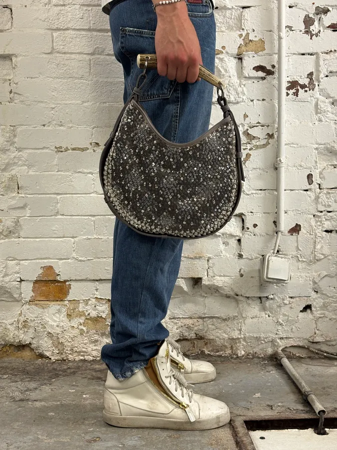 2000s Yves Saint Laurent Gunmetal Sequin Mombasa Handle Bag - Image 2