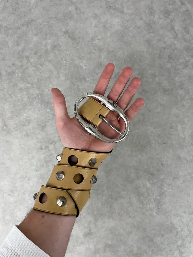 2000s Yves Saint Laurent Holes & Studs Beige Leather Belt - Image 2