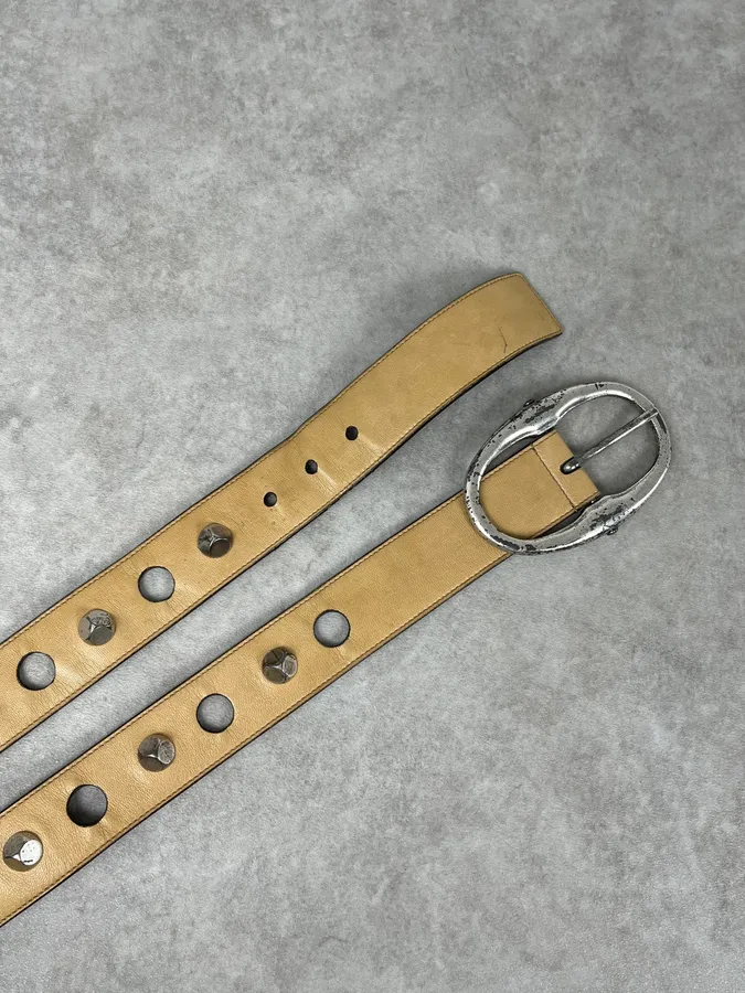 2000s Yves Saint Laurent Holes & Studs Beige Leather Belt - Image 3